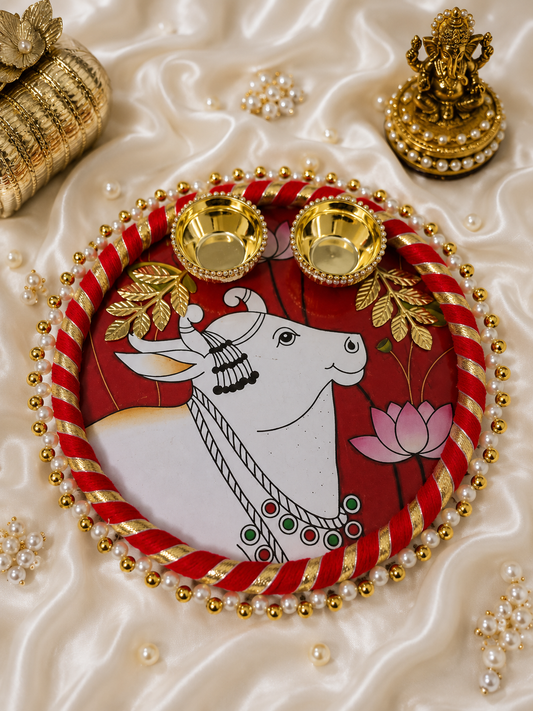 Handcrafted Decorative Pooja Thali with Pearl & Floral Design | 6 inch