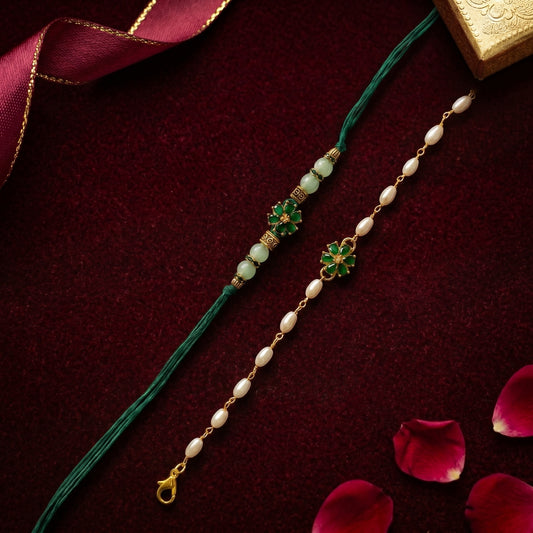 Emerald Bloom Rakhi & Bracelet Set