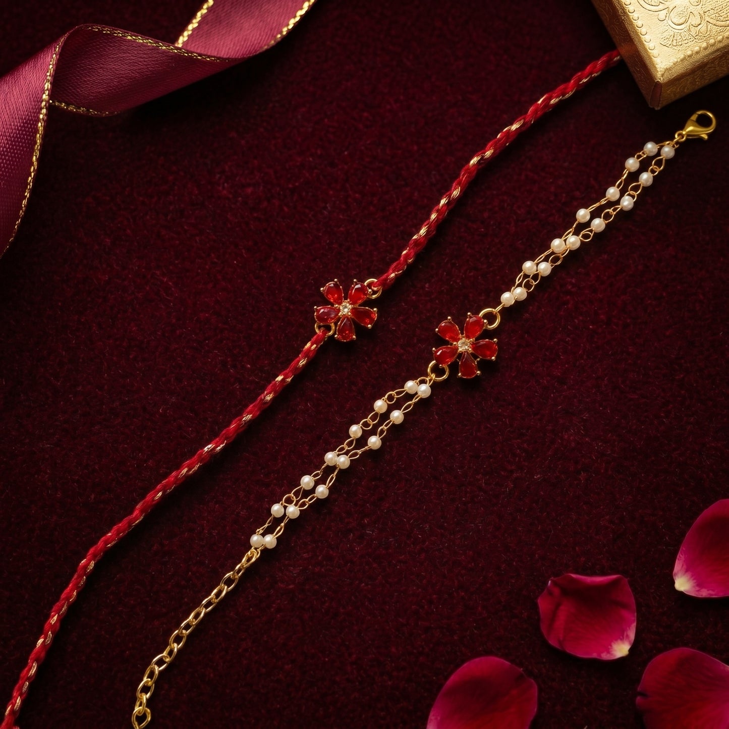 Crimson Blossom Rakhi & Bracelet Set