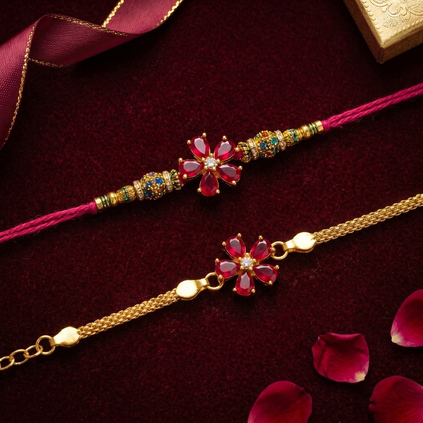 Ruby Blossom Rakhi & Bracelet Set