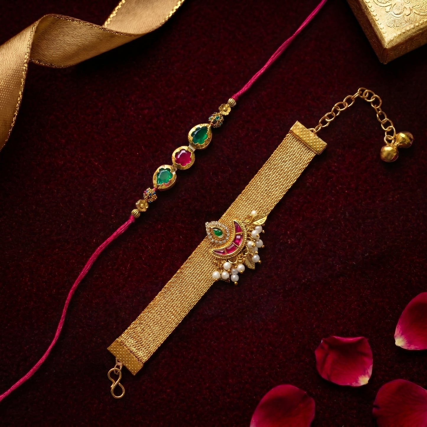 Royal Mesh Bracelet & Gemstone Rakhi Set