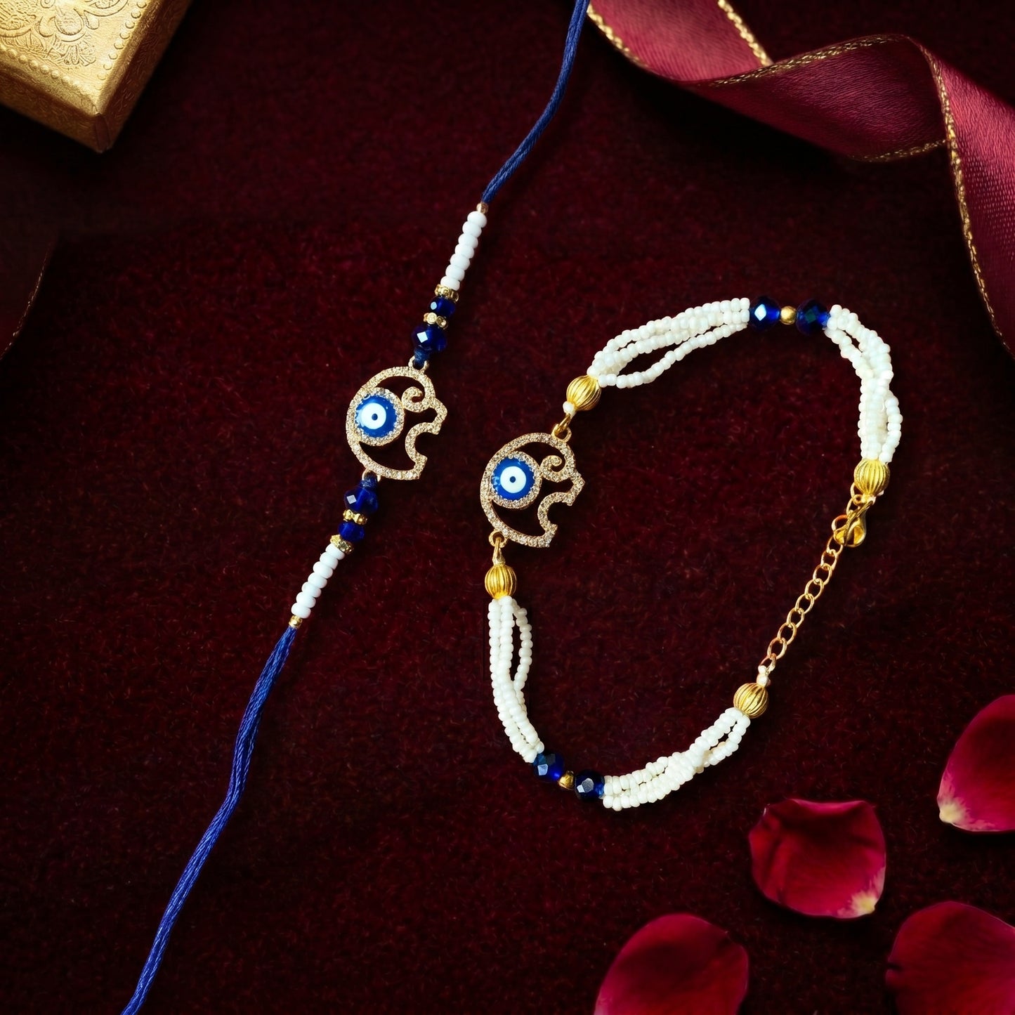 Elegant Hamsa Evil Eye Rakhi & Beaded Bracelet Set