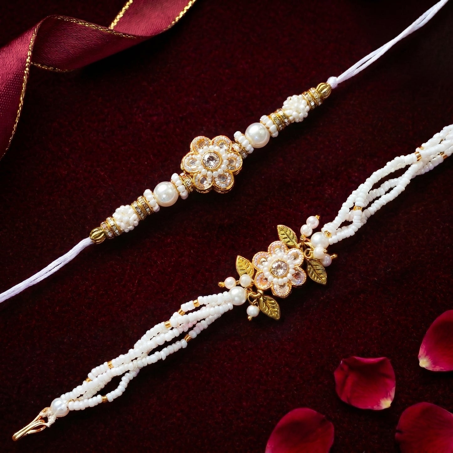 Pearl Bloom Rakhi & Handcrafted Beaded Bracelet Set
