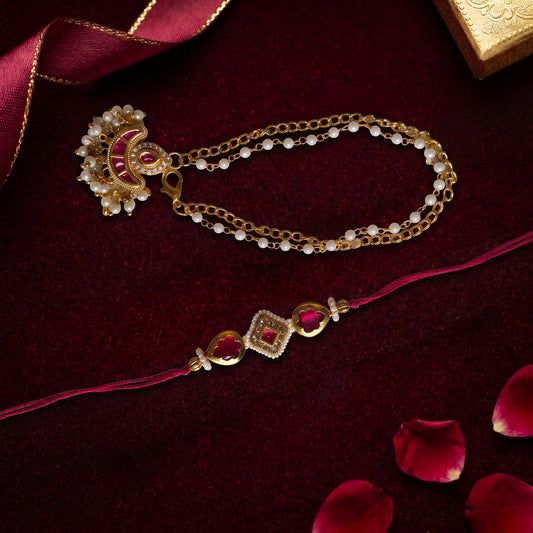 Royal Kundan Rakhi & Pearl Bracelet Combo | Bhaiya Bhabhi Rakhi Set