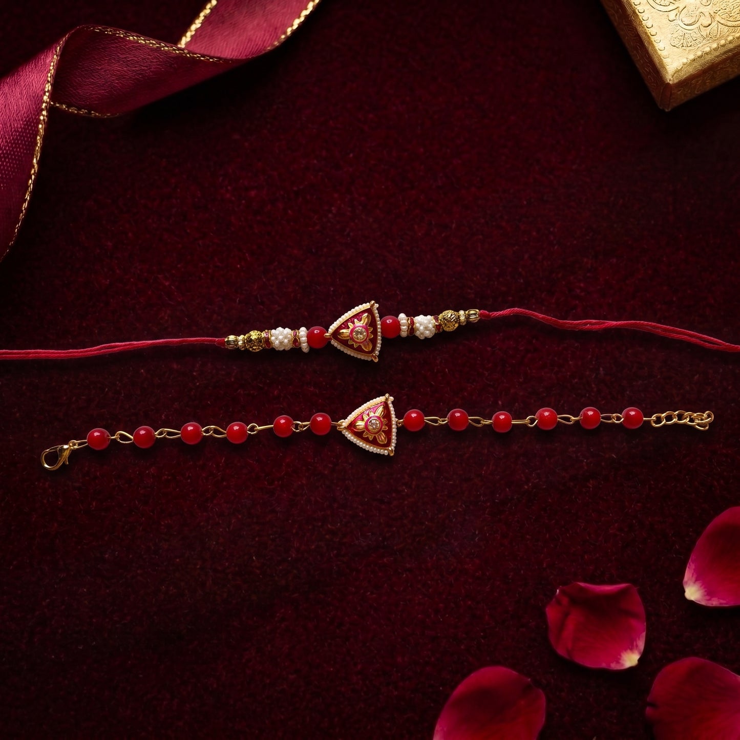 Traditional Red Bead Bhaiya Bhabhi Rakhi Combo | Designer Rakhi & Bracelet Set