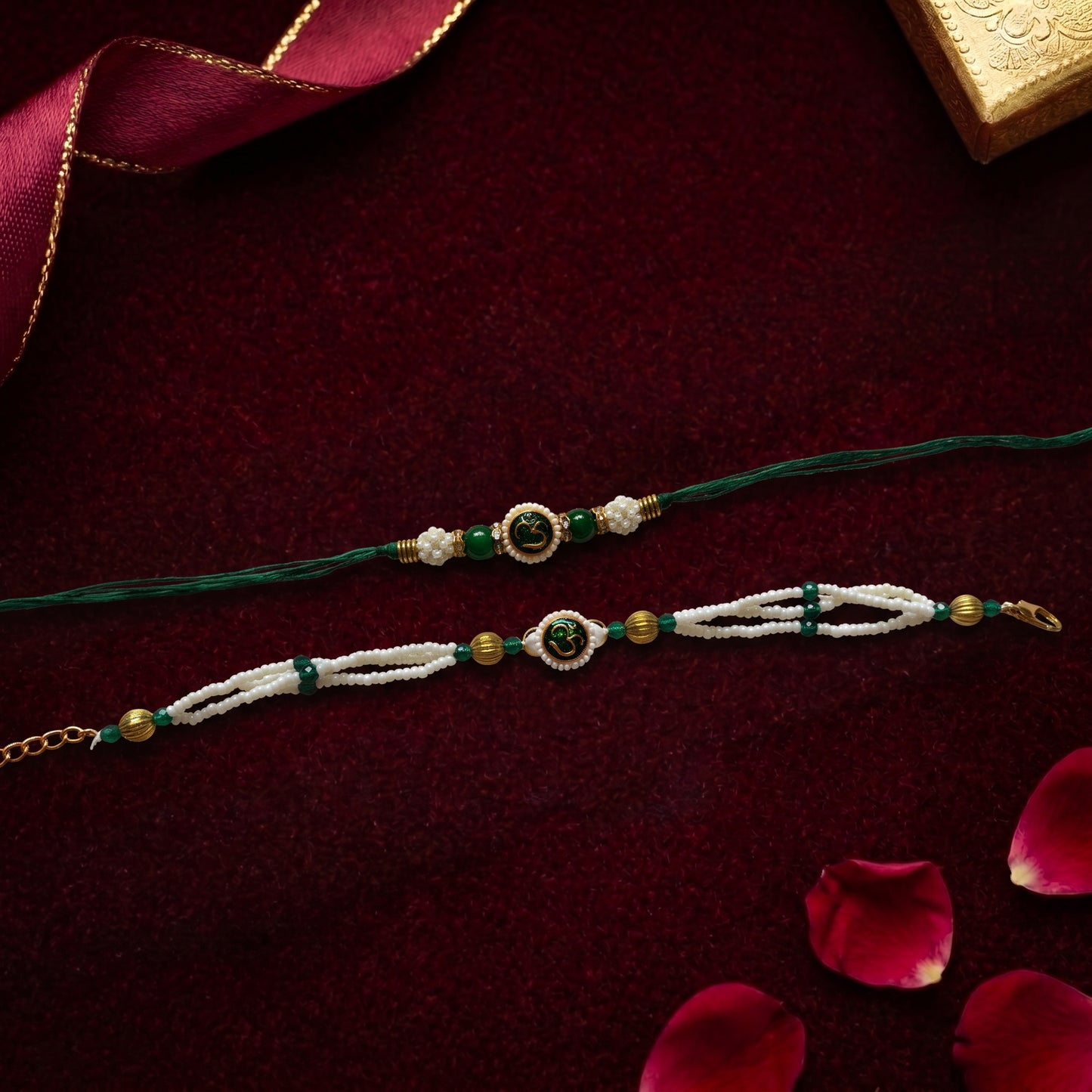 Om Bhaiya Bhabhi Rakhi Combo | Green Beaded Pearl Rakhi & Bracelet Set