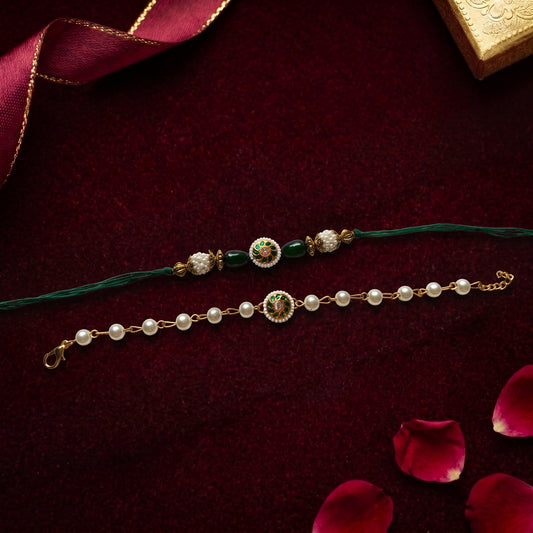 Emerald Pearl Bhaiya Bhabhi Rakhi Combo | Green Pearl Rakhi & Bracelet Set