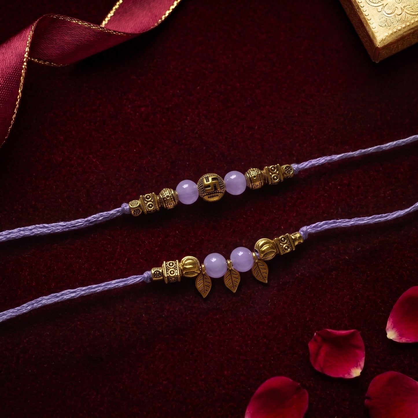 Lavender Swastik Bhaiya Bhabhi Rakhi Combo | Minimal Beaded Rakhi & Lumba Set