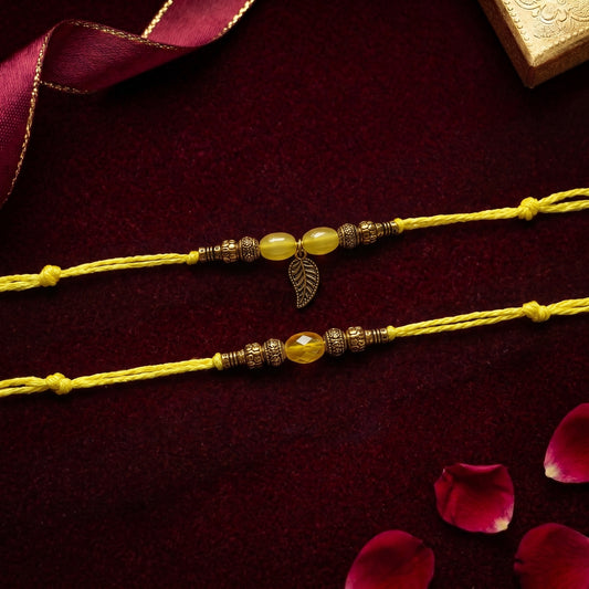 Minimal Yellow Beaded Bhaiya Bhabhi Rakhi Combo | Handcrafted Rakhi & Leaf Charm Lumba Set