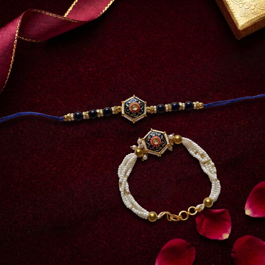Royal Blue Kundan Bhaiya Bhabhi Rakhi Combo | Handcrafted Beaded Rakhi & Pearl Lumba Set