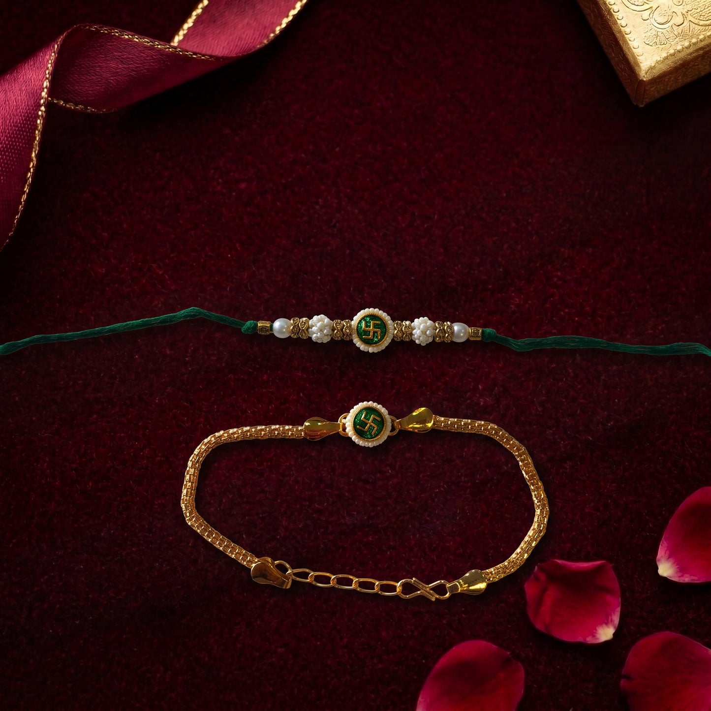 Swastik Bhaiya Bhabhi Rakhi Combo | Green Thread Rakhi & Gold Finish Lumba Bracelet Set