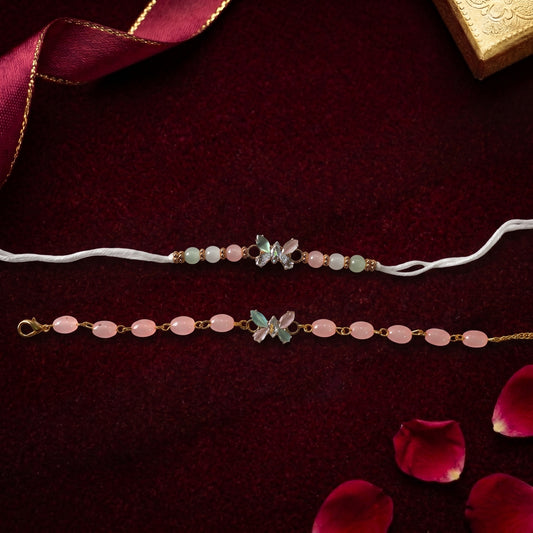 Pastel Floral Bhaiya Bhabhi Rakhi Combo | White Thread Rakhi & Pink Beaded Lumba Bracelet Set