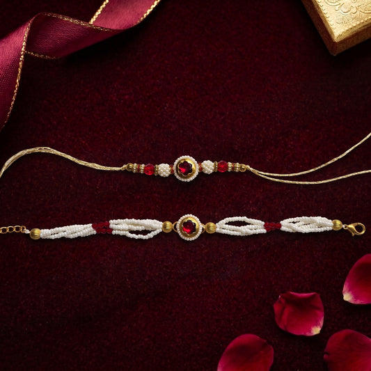 Ruby Stone Bhaiya Bhabhi Rakhi Combo | Golden Thread Rakhi & Pearl Lumba Bracelet Set