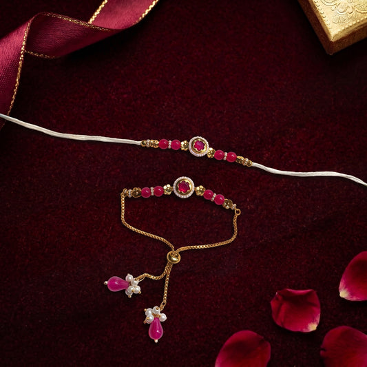 Pink Stone Bhaiya Bhabhi Rakhi Combo | Floral Pearl Rakhi with Adjustable Bracelet Lumba Set