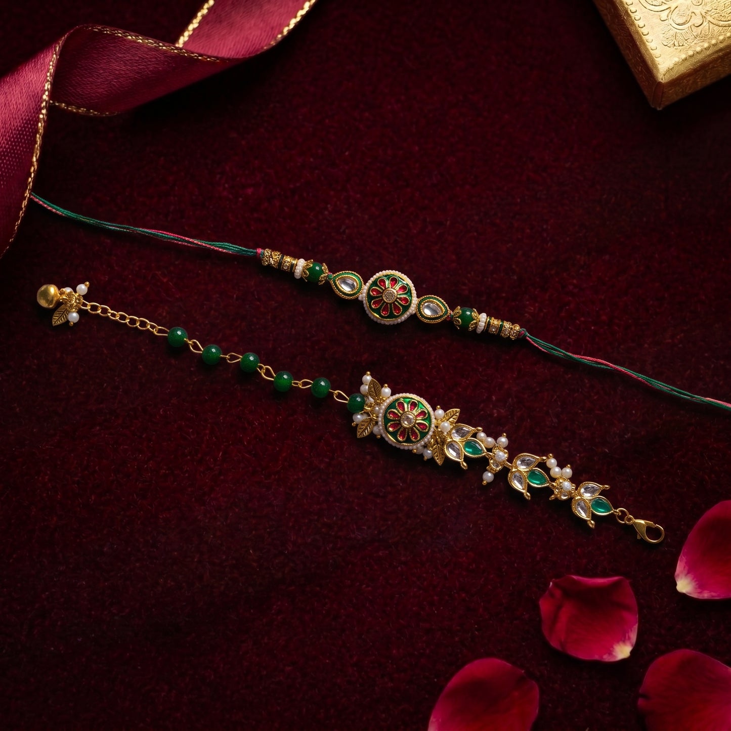 Traditional Green Floral Bhaiya Bhabhi Rakhi Combo | Kundan Rakhi with Designer Floral Lumba Bracelet
