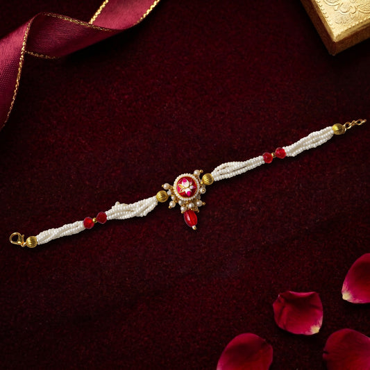 Pink Floral Pearl Bhabhi Bracelet with Ruby Drop