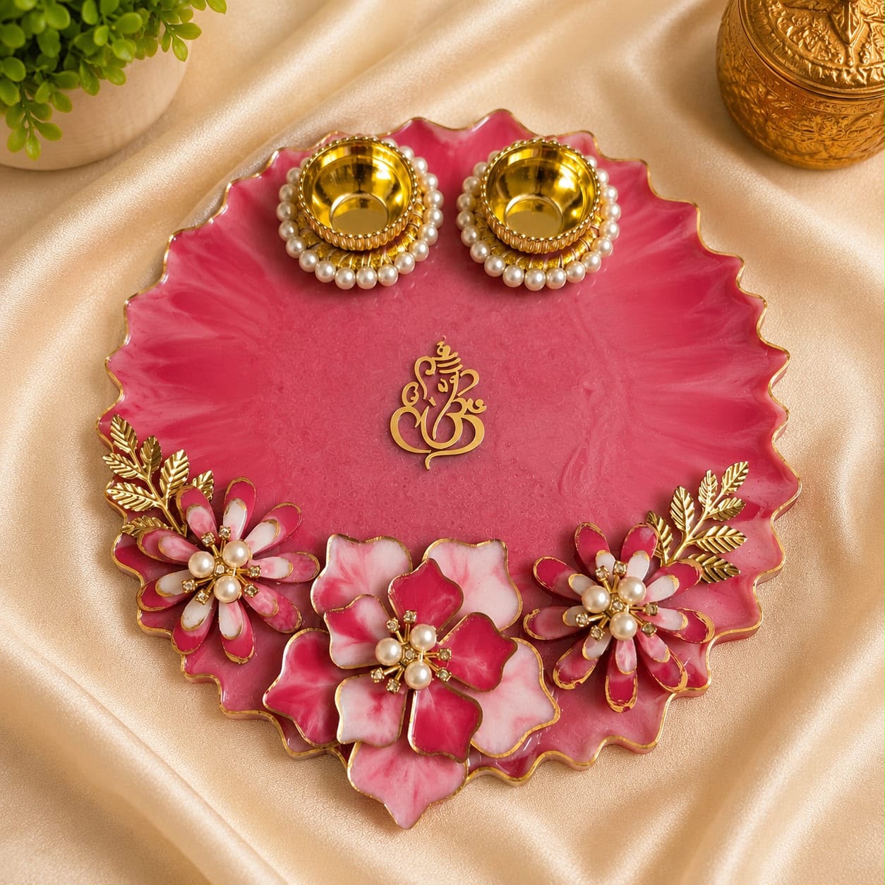 Handcrafted Decorative Pooja Thali with Pearl & Floral Design | 6 inch