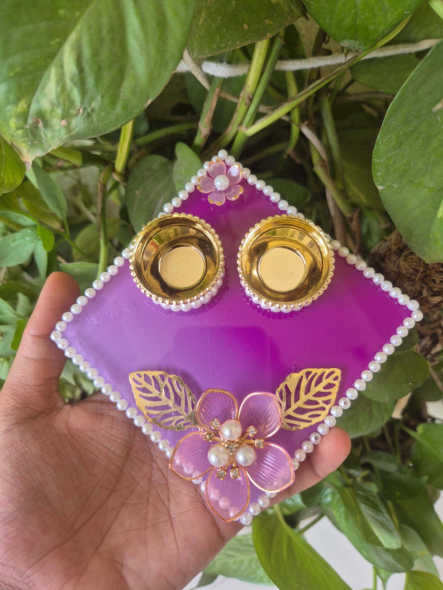 Handcrafted Decorative Pooja Thali with Pearl & Floral Design | 4 inch
