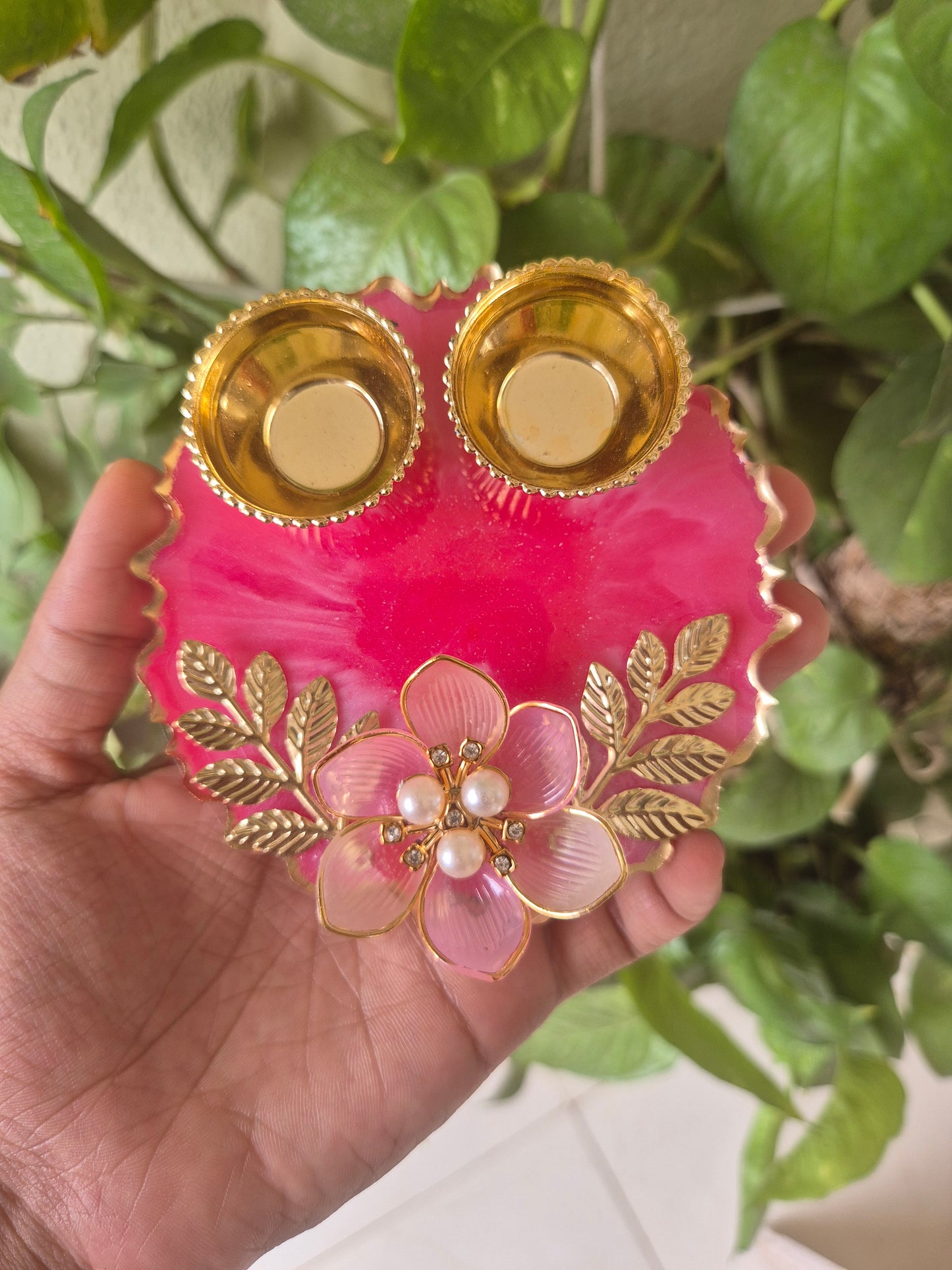 Handcrafted Decorative Pooja Thali with Pearl & Floral Design | 4 inch