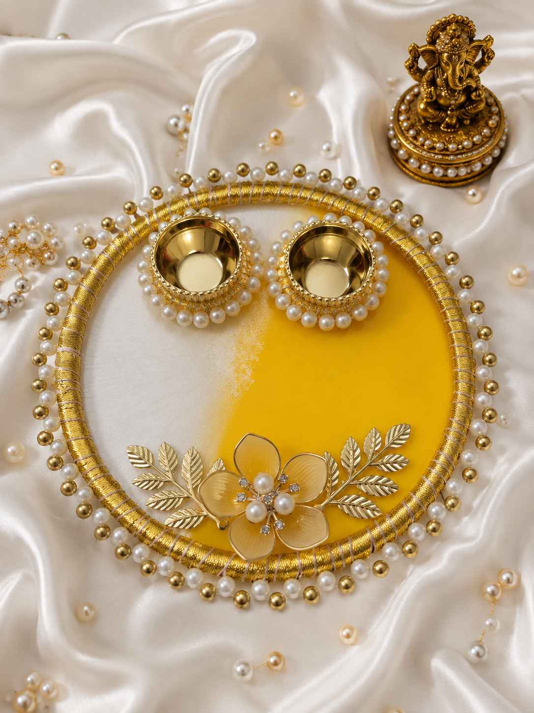 Handcrafted Decorative Pooja Thali with Pearl & Floral Design | 6 inch