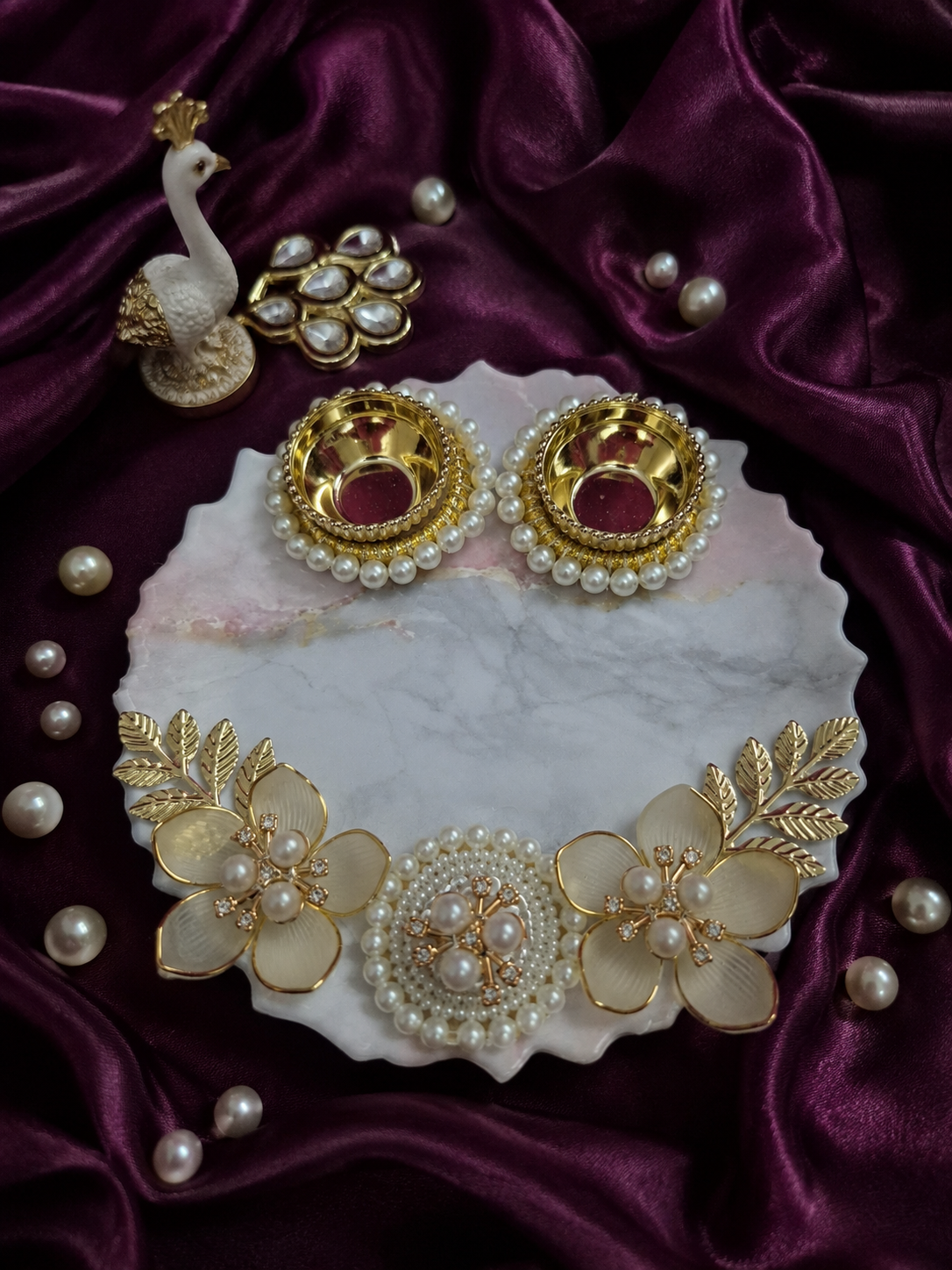 Handcrafted Decorative Pooja Thali with Pearl & Floral Design | 6 inch