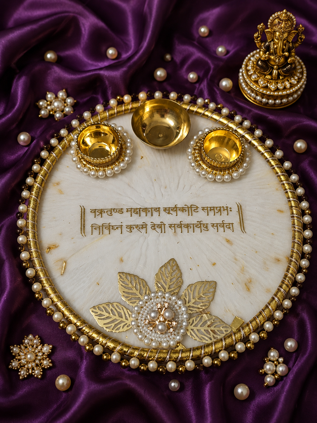 Handcrafted Decorative Pooja Thali with Pearl & Floral Design | 8 inch