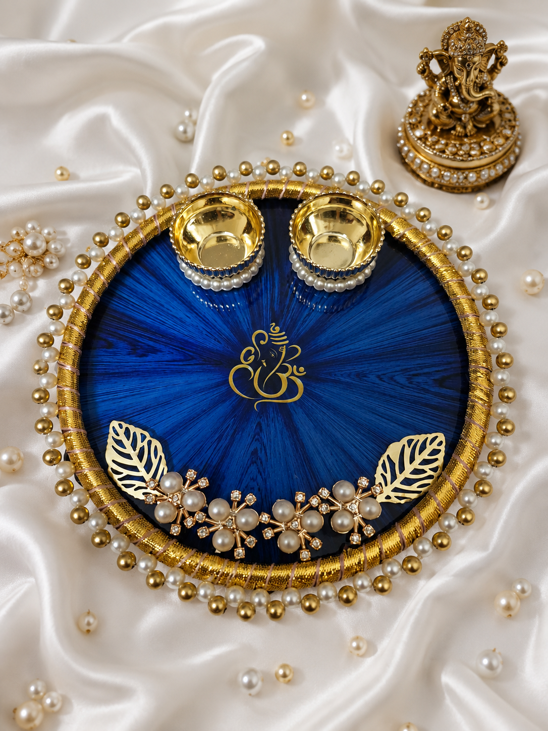 Handcrafted Decorative Pooja Thali with Pearl & Floral Design | 6 inch