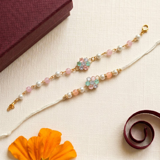 Pastel Bloom Rakhi & Bracelet Set
