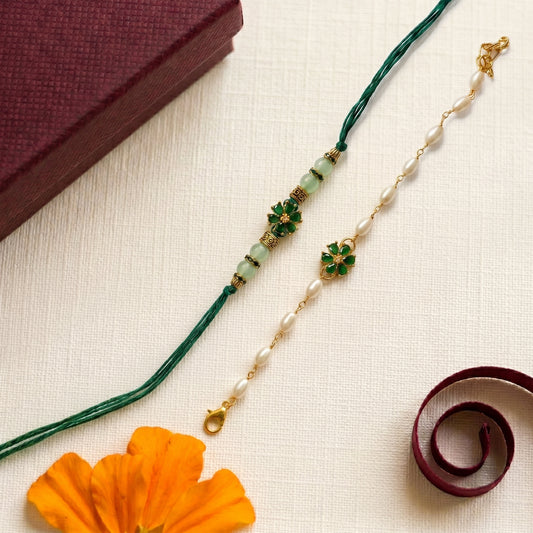 Emerald Bloom Rakhi & Bracelet Set