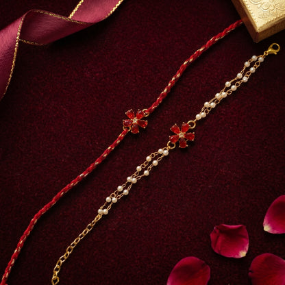 Crimson Blossom Rakhi & Bracelet Set
