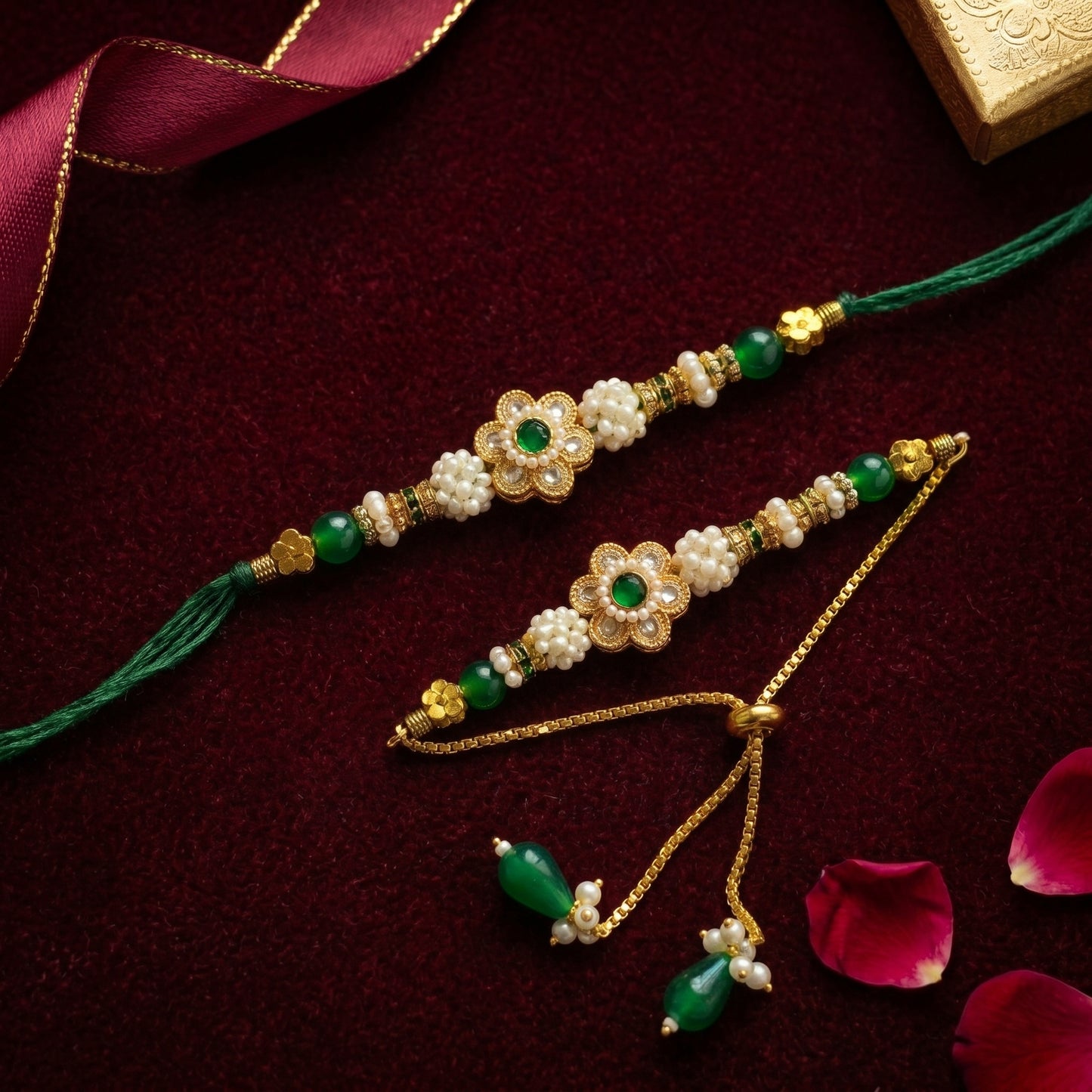Emerald Bloom Rakhi & Bracelet Set