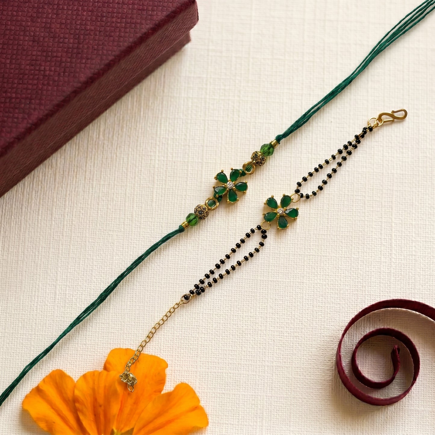 Emerald Bloom Rakhi & Bracelet Set