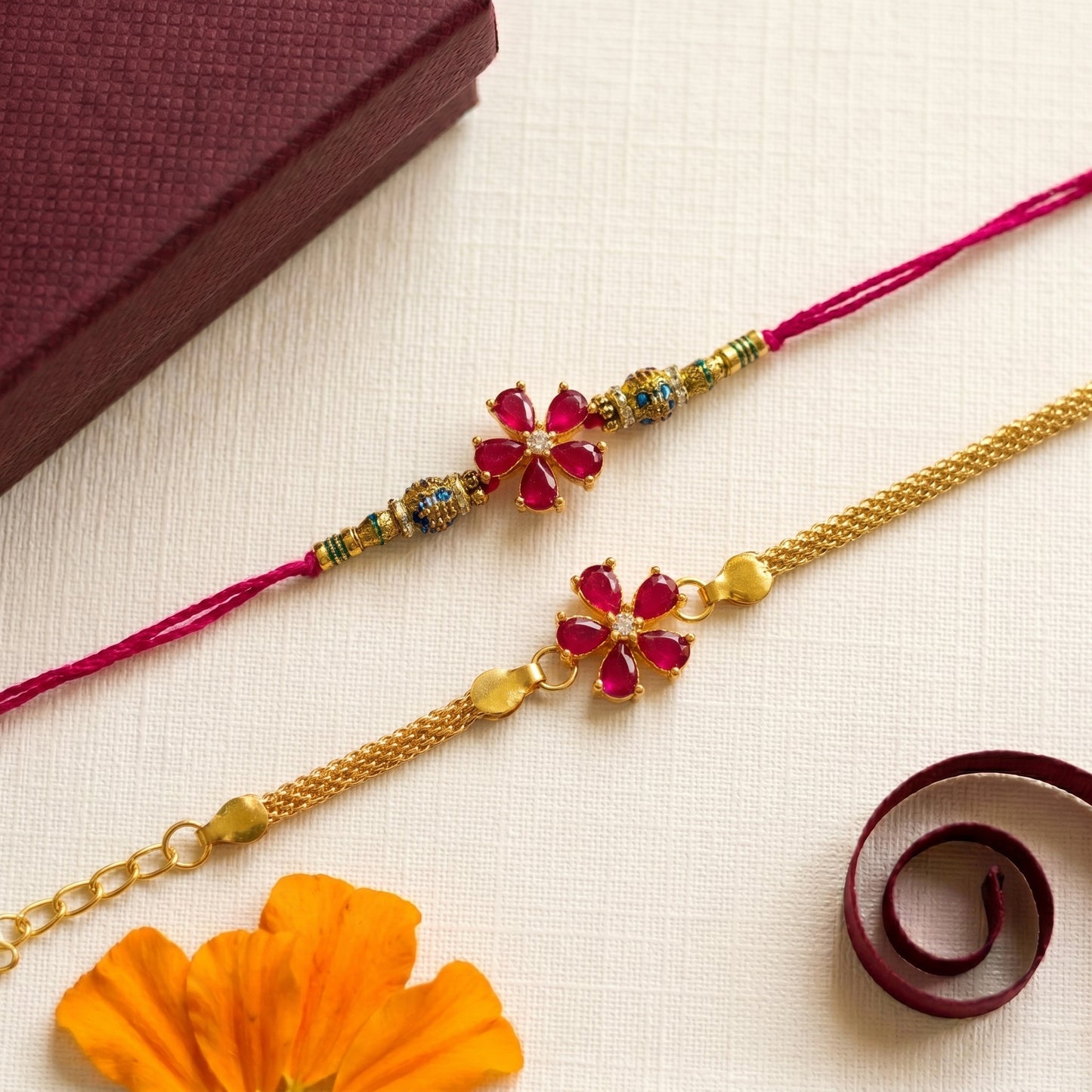 Ruby Blossom Rakhi & Bracelet Set
