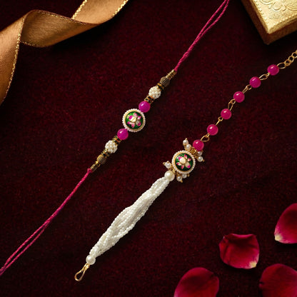 Pink Lotus Pearl Rakhi & Bracelet Set