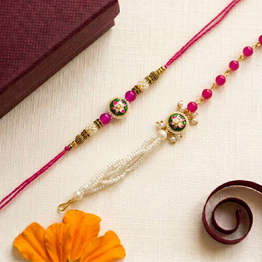 Pink Lotus Pearl Rakhi & Bracelet Set