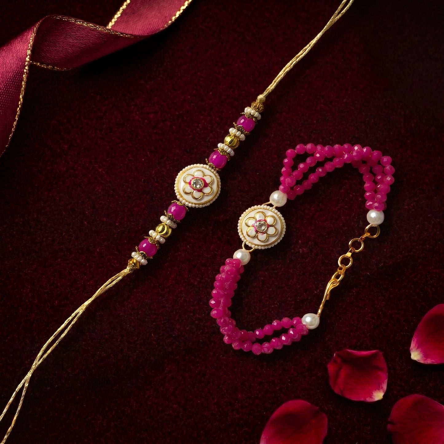Pink Blossom Crystal Rakhi & Bracelet Set