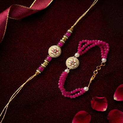 Pink Blossom Crystal Rakhi & Bracelet Set