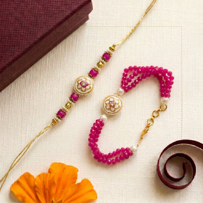 Pink Blossom Crystal Rakhi & Bracelet Set