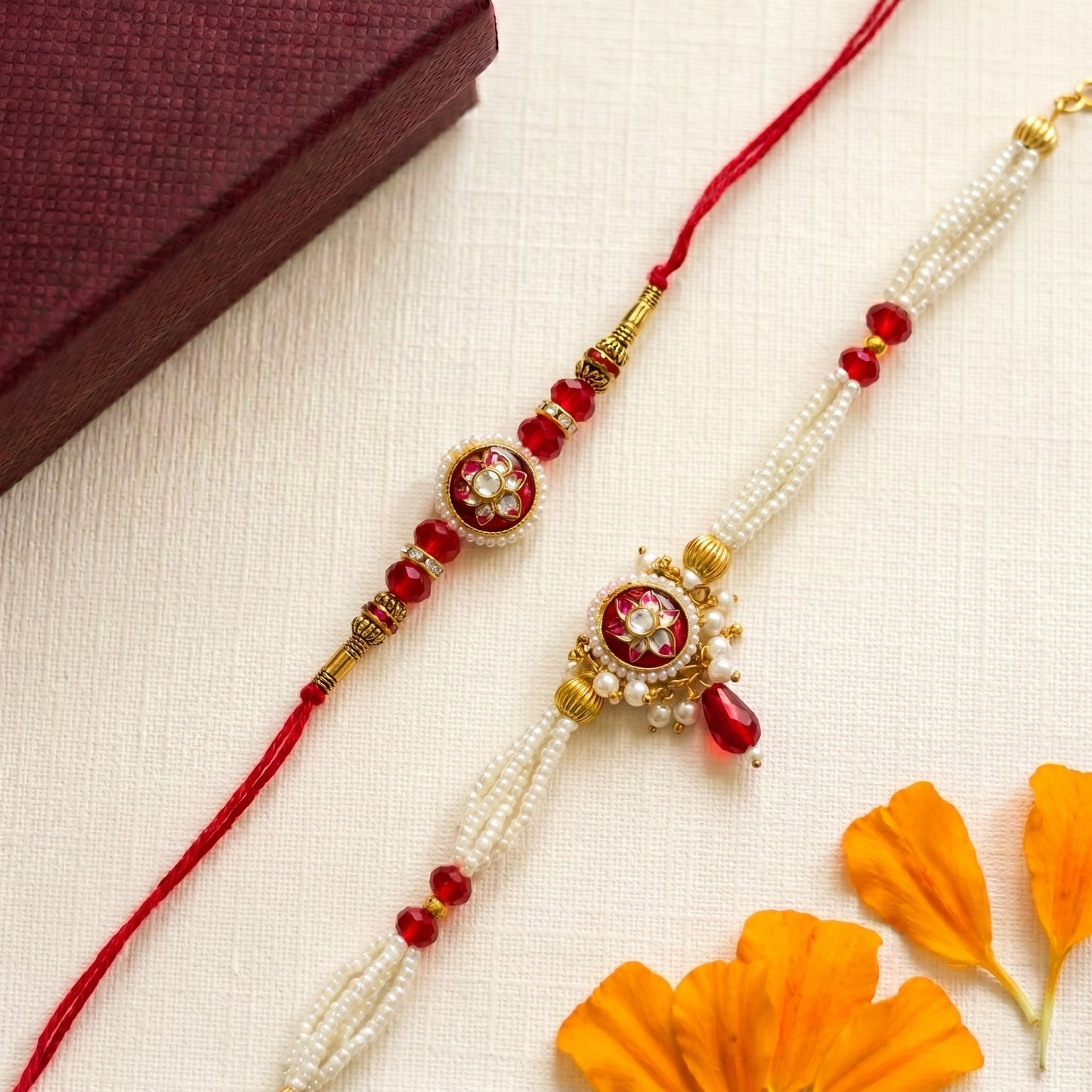 Ruby Pearl Kundan Rakhi & Bracelet Set