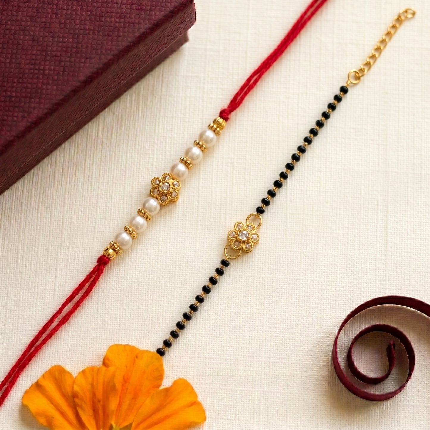 Pearl Bloom Rakhi & Bracelet Set