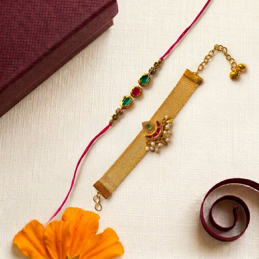 Royal Mesh Bracelet & Gemstone Rakhi Set