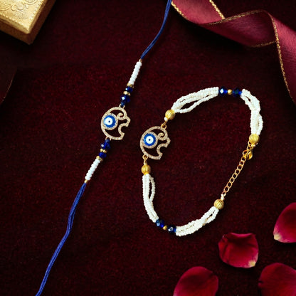 Elegant Hamsa Evil Eye Rakhi & Beaded Bracelet Set