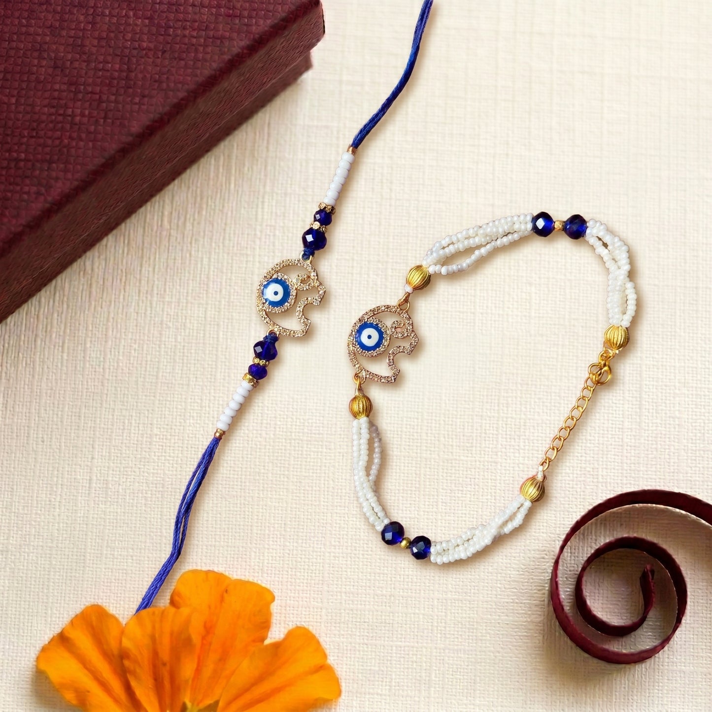 Elegant Hamsa Evil Eye Rakhi & Beaded Bracelet Set