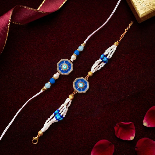 Celestial Evil Eye Rakhi & Handcrafted Beaded Bracelet Set