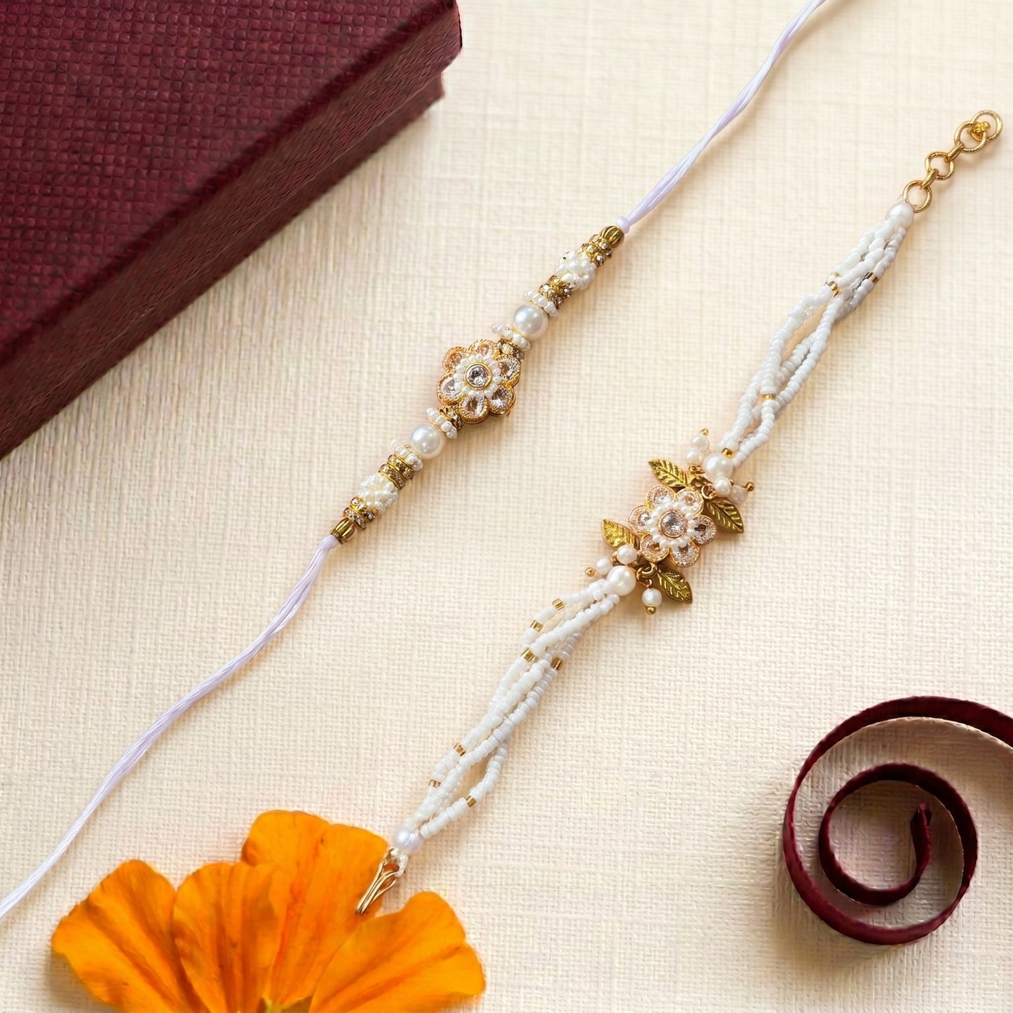 Pearl Bloom Rakhi & Handcrafted Beaded Bracelet Set