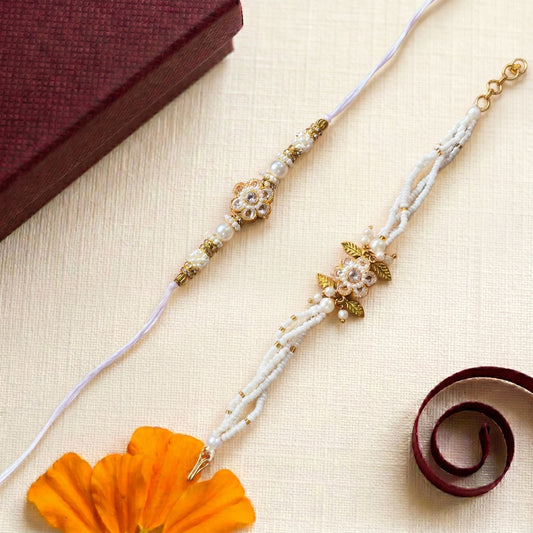 Pearl Bloom Rakhi & Handcrafted Beaded Bracelet Set