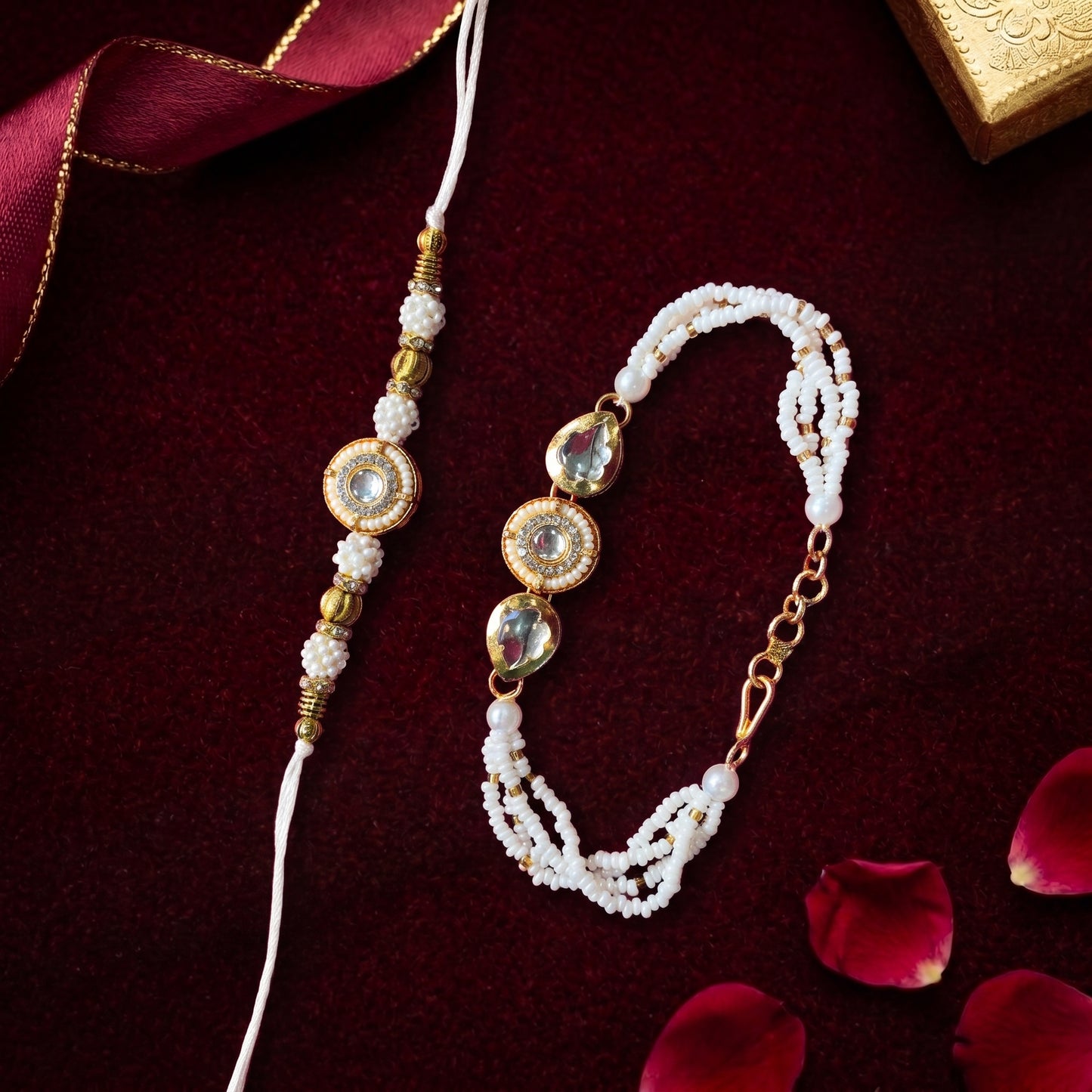 Elegant Pearl Bhai Bhabhi Rakhi Set