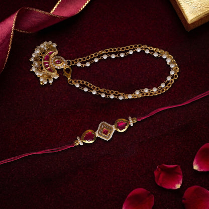 Royal Kundan Rakhi & Pearl Bracelet Combo | Bhaiya Bhabhi Rakhi Set