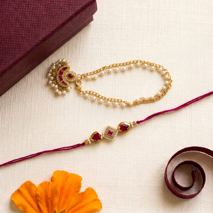 Royal Kundan Rakhi & Pearl Bracelet Combo | Bhaiya Bhabhi Rakhi Set
