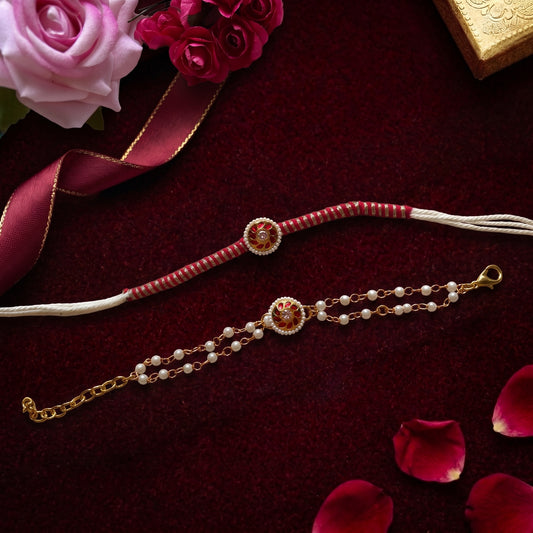 Traditional Pearl Bhaiya Bhabhi Rakhi Combo | Designer Rakhi & Bracelet Set